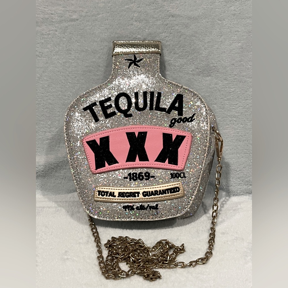 Bachelorette Tequila shaped purse. Silver sparkling with embroidery. Chain strap